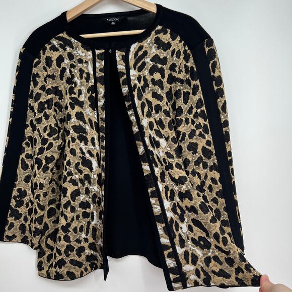 Vtg Misook Cardigan Sweater Petite Large Leopard Print Black Tan Shoulder Pads - Picture 2 of 9